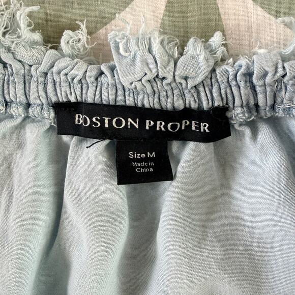 Boston Proper Off-the-Shoulder Chambray Fringe Bell Sleeve Boho Top M Light Blue - Picture 5 of 7